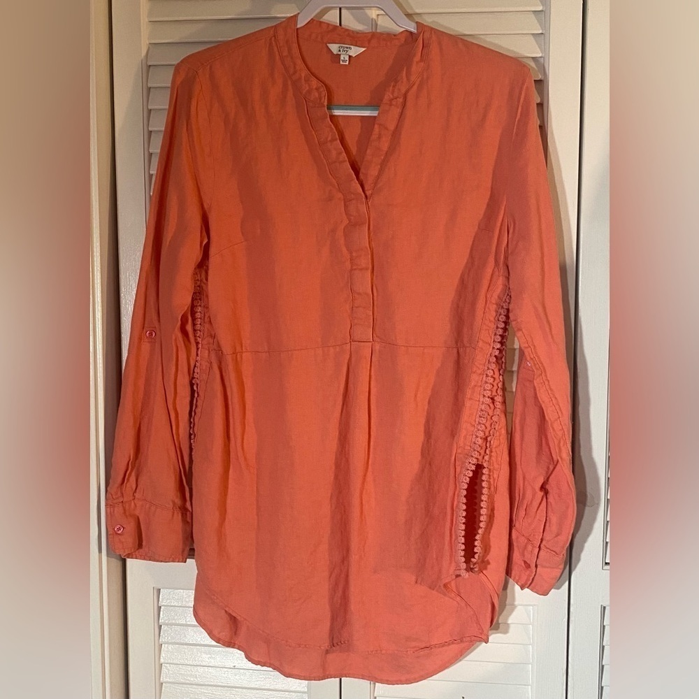 Crown and Ivy Salmon 1/2 Button Up Long Sleeve Tunic, Size L, 100% Linen